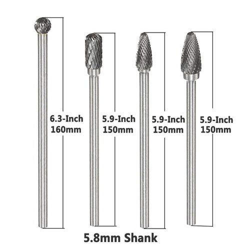 Yakamoz Set of 4Pcs 5.9-Inch Long Tungsten Steel Solid Carbide Rotary Burrs, 6mm Shank for Rotary Tool