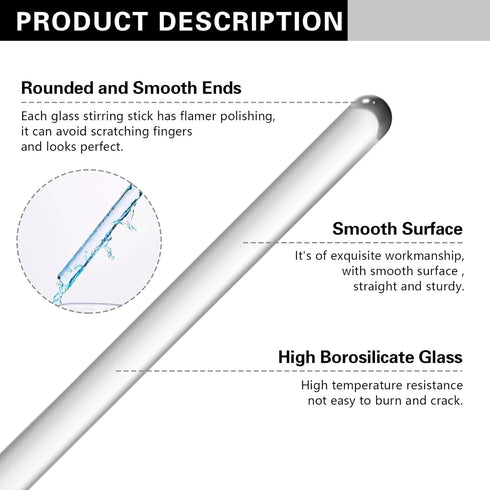 Glass Stick 12" Length Stir Rod - 8pcs/pk with Both Ends Round