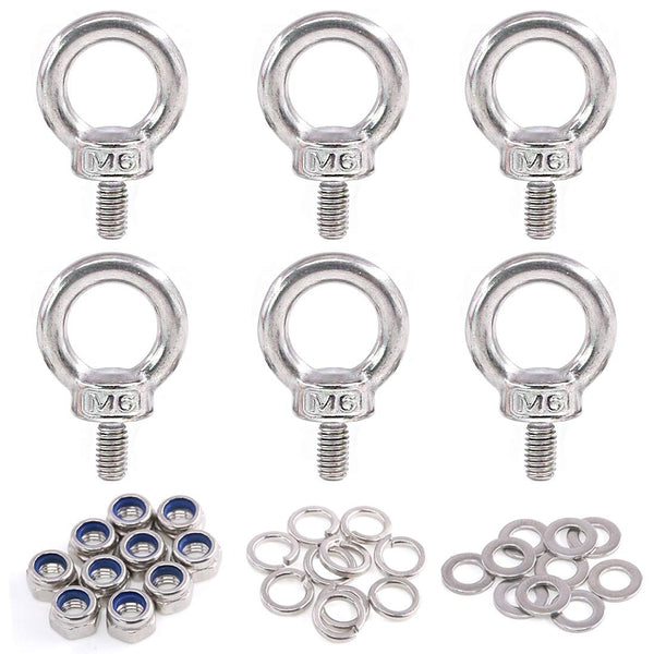 Glarks 36Pcs M6 Male Thread Stainless Steel Eye Bolt Set with Lock Nuts, Washers, and Lock Washers