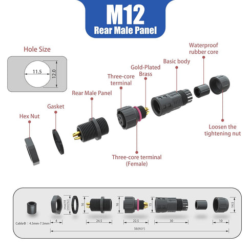 AOHUA M12 Waterproof Connector IP68 Outdoor Electrical Plug for 2 Or 3-pin Cables, Black