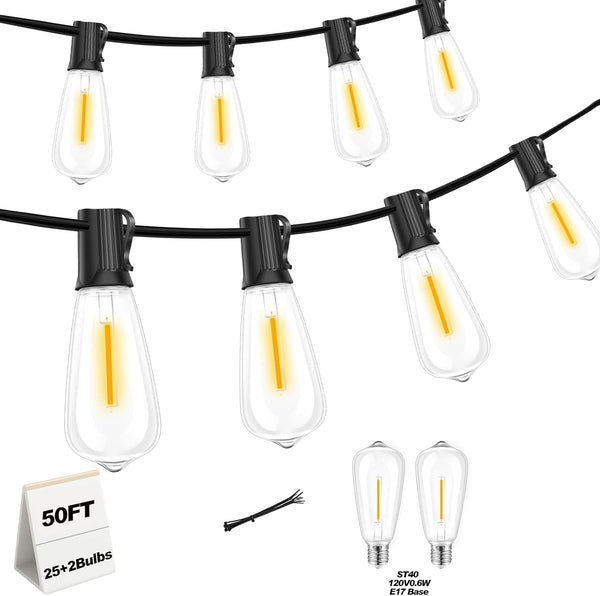 Adirxon 50 FT Outdoor String Lights with 27 Shatterproof Waterproof LED Edison Bulbs