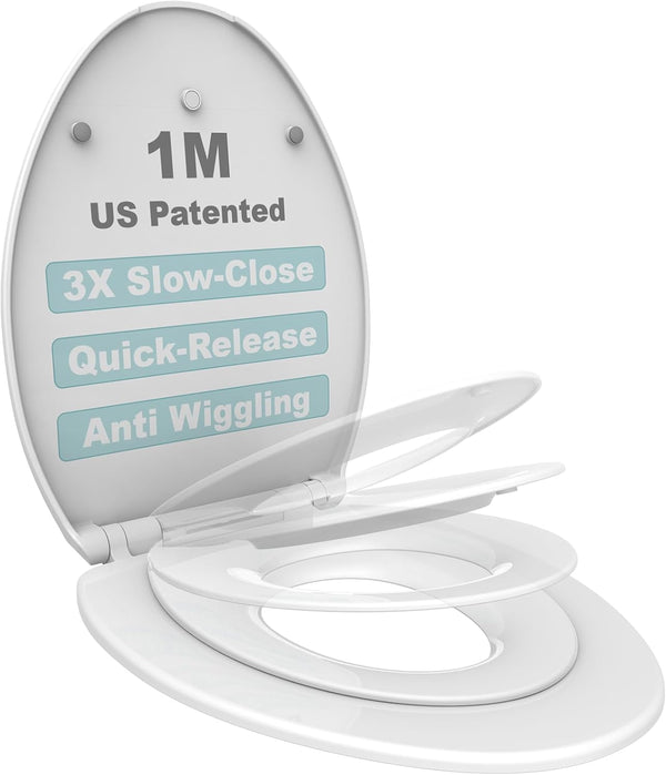 1M Family Toilet Seat, Patented Slow Close & Quick Releasing Technology, Anti-Wiggling, Easy