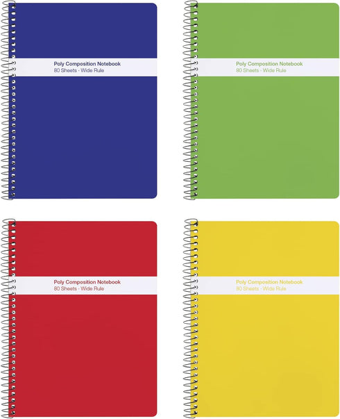 Oxford Spiral Composition Notebooks, 4 Pack, Poly Covers, 80 Sheets Wide Ruled Paper, 9-3/4 x 7-1/2 Inches, Assorted