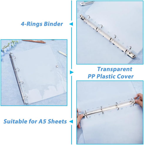SUPERFINDINGS 2PCS Clear A4 Notebook Binder, PVC Plastic Covers, 4 Rings, Loose Leaf Binder, 12.4x10.4x1.18inch