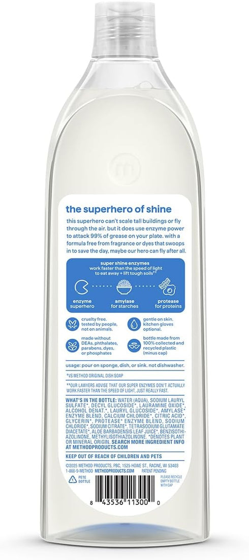 16 oz Method Super Shine Liquid Dish Soap, Powered by Enzymes, Free + Clear, Unscented, fl