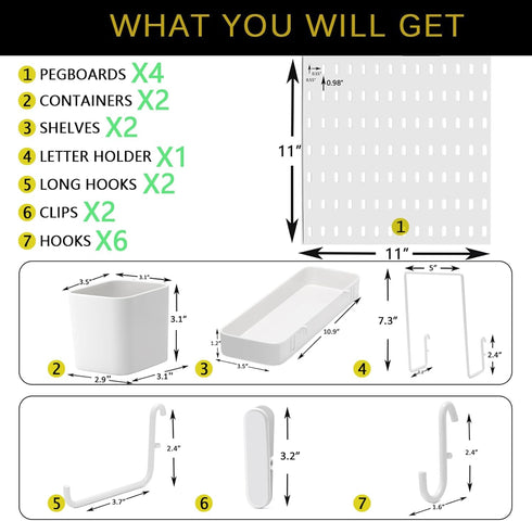 Pegboard Combination Kit, Wall Mounted Storage Set with 4 Pegboards & 14 Accessories, White Peg Boards Organizer