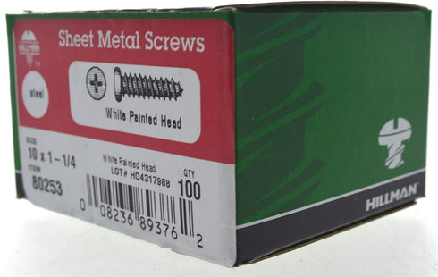 Hillman 80253 10-Inch x 1-1/4-Inch Pan Head Phillips Sheet Metal Screw, 100-Pack, White