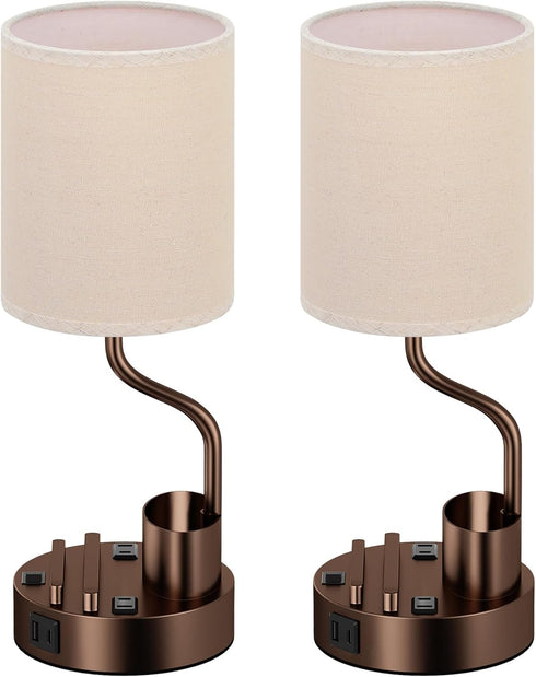 Set 2 3 Bedside Table Lamps for Bedroom of - Beige Nightstand Lamp with AC Outlet Charging Port and USB A C, Color