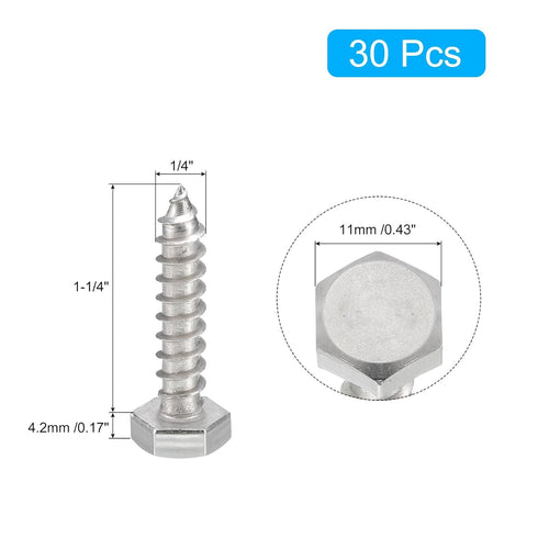 uxcell Hex Head Lag Screws Bolts, 30pcs 1/4" x 1-1/4" 304 Stainless Steel Partial Thread Wood Screws