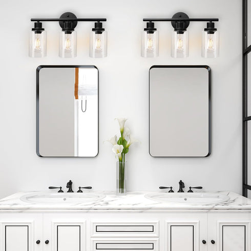 Unicozin 3 E26 Modern Bathroom Light Fixtures, Light Vanity Lights, Black Wall Lamp with Clear Glass for Bathroom
