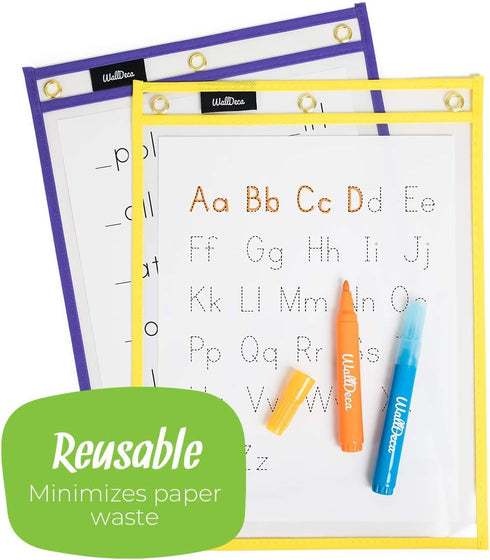 WallDeca Dry Erase Pocket Sleeves, 8.5" x 11", Reusable Plastic Paper Holder Pack, 5 Colors (25-Pack)