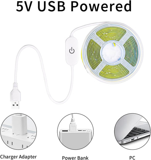 5V 320LED/m Dimmable (3000K, 6.56FT) COB LED Strip Light USB Tape LED Strip Light USB TV Backlight Flexible Under