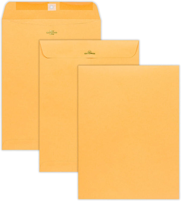 EnDoc 9 1/2 x 12 1/2 Clasp Envelopes - 10 Pack - Brown Kraft Gummed Seal Closure Heavyweight Paper for Home, Office