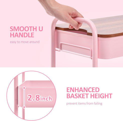 TOOLF Pink 3 Tier Rolling Cart, Metal Utility Cart with Wheels & Wooden Top, Organizer for Kitchen, Office, Bathroom