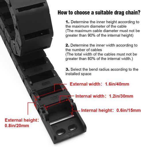 R28/38 Black Plastic Cable Wire Carrier Drag Chain, 15mm x 30mm (Inner H x Inner W), 1M Length for CNC with End