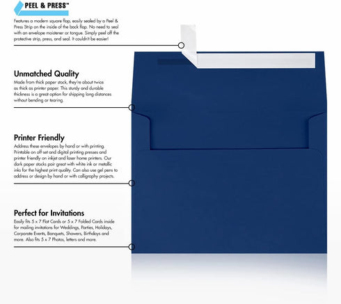 LUXPaper A7 Invitation Envelopes | Peel & Press | 5 1/4" x 7 1/4" | 80lb. Text | Navy Blue | 50 Qty