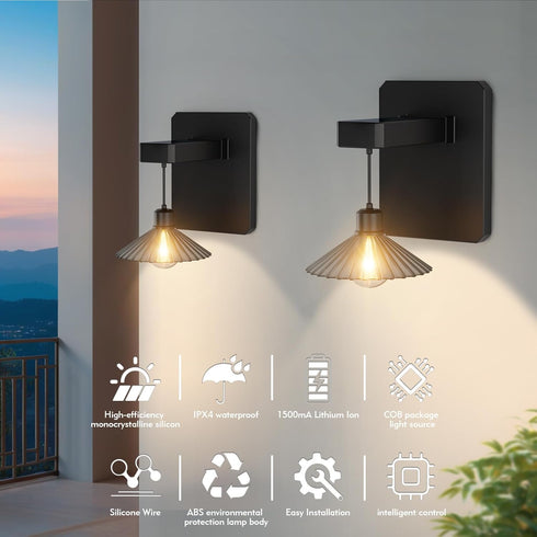 2 Pack Bulb Outdoor Solar Powered Wall Light with Dusk to Dawn Wall Mount Sconce Anti-Rust Waterproof Wall Lantern