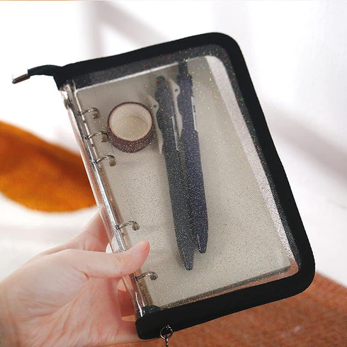 Standard 6-Ring Glitter Zipper Soft PVC Notebook Cover for A6 Ring-Bound Planner (Inner Paper Not Included)