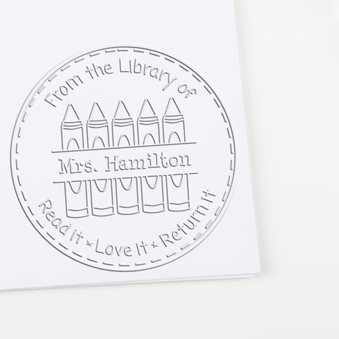 Hybrid Outline Crayons Customized Teacher Library Seal - Teacher Gift Stamp for Personalized Book Stamping