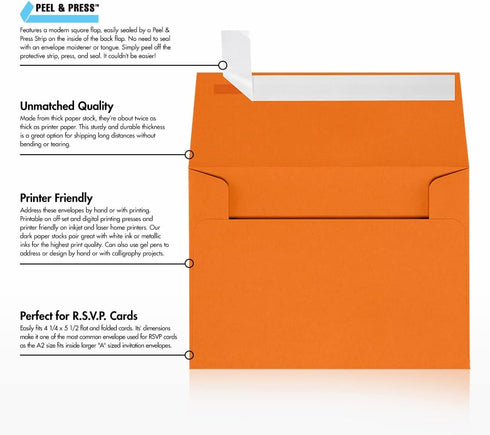 LUXPaper A2 Invitation Envelopes | 4 3/8" x 5 3/4" | Mandarin Orange | Peel & Press | 80lb. Text | 50 Qty