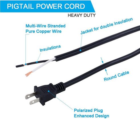 16AWG Replacement Power Cord, 2 Prong Pigtail 16 Gauge Polarized Plug Extension Cord, 6FT Black