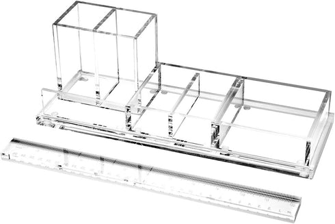 Clear Acrylic Desk Organizer 4-Piece Kit with Free Acrylic Ruler, Desktop Organization for Office or Home