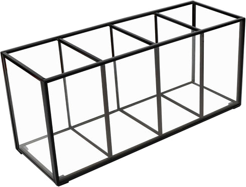 Desk Pencil Holder, Tempered Glass Pen Organizer, 3&4 Compartments, Black, for Office & School Supplies