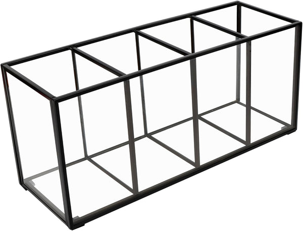Desk Pencil Holder, Tempered Glass Pen Organizer, 3&4 Compartments, Black, for Office & School Supplies