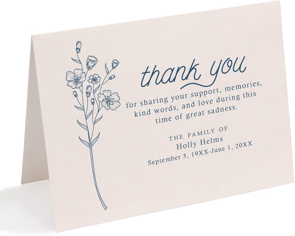 Folded Funeral Thank You Cards, 5.5x4.25 (A2) Simple Blue Wildflower Personalized Sympathy