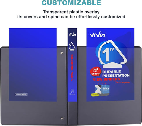 ViVin Durable 1 Inch D Ring Binders, 12 Pack, Customizable Clear Cover, Hold 225 Sheets of US Letter Size Paper, Black