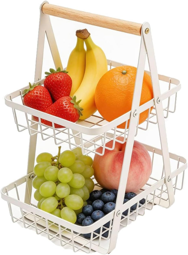 PAUANI 2/3 Tier Bread Vegetable Basket, Detachable Mesh Fruit Rack with Wooden Handle,