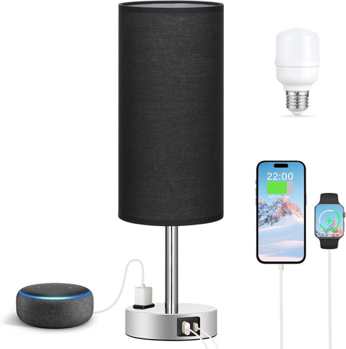 3 Dimmable Bulb Black Bedroom Table Lamp for Bedside - Way Touch Lamp USB C A Charging Ports and AC Outlet, Small Desk