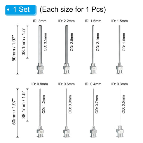 PATIKIL 10/12/14/16/18/20/22/24Ga x 1.5 Inch Stainless Steel Dispensing Needle Tips, 8Pcs Metal Glue Needle Tube Blunt Tips Luer Lock for Thick Glue Ink Lab, Silver