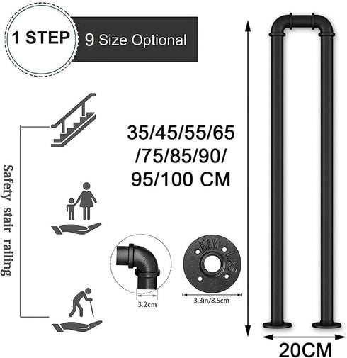 PAUANI Villa(Black,35cm Stair Handrail, Matte Black U-Shaped Industrial Wrought Iron Railing, Non-Slip Safety Indoor