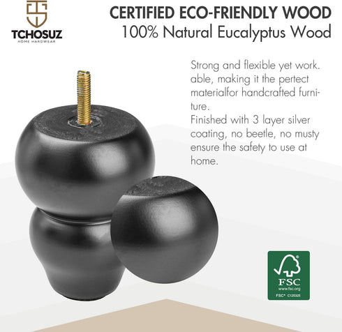 TCHOSUZ 4 inch 10cm Pack 4 M8 / Wooden Furniture Legs, of Classic Black Solid Wood Turned DIY Replacement Bun Feet