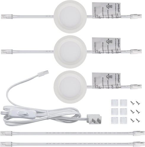 LUMILAND Wired LED Puck Lights (2.7Wx3) Plug-in Lighting Natural White (4000K), LED Cabinet