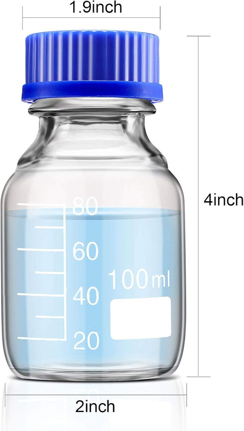 Patelai 4 Pieces 100 ml Glass Round Media Storage Bottles with GL45 Blue Screw Cap