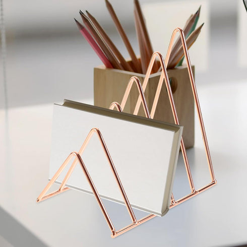 FOMIYES Rose Gold Iron Bookends Desk Organizer Triangular File and Book Stand Decorative Desktop Storage Rack