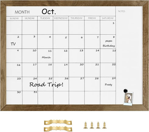 TORASO Dry Erase Monthly Calendar Board, 12"x 16" Magnetic Whiteboard with Solid Pine Rustic Brown Frame