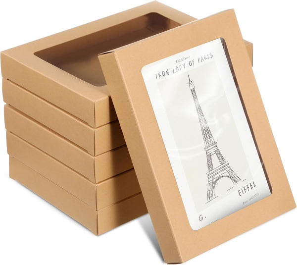 Chivertion 50 Pcs Kraft Paper Greeting Card Storage Box with PVC Window - Bulk Frame Photo Storage Box (5.39 x 7.36 x 1