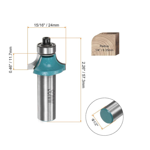 2pcs Roundover Router Bit 1/2 Shank 1/4" Radius Carbide Tipped Edge Rounding Over Bit with Bearing Guide, Woodworking Milling Tool, Cyan