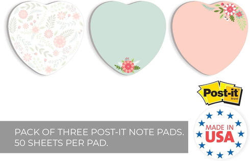 Floral Heart Shaped Sticky Note Pad Assortment / 3 1/4” x 3 3/8” Modern Sticky Notes/Set of Three Romantic Sticky Note Pad Designs/Made in USA