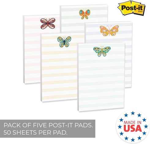 Folk Butterfly Sticky Note Pad Assortment/Set of 5 Pastel Note Pads / 4" x 6" Whimsical Sticky Note Pads / 50 Sheets Per Pad/Made in USA
