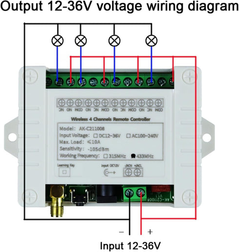 fushionsea 12V 24V 36V 10A 4CH 433Mhz 600ft Remote Control Switch DC Long Range Wireless Relay Switch for Garage Door