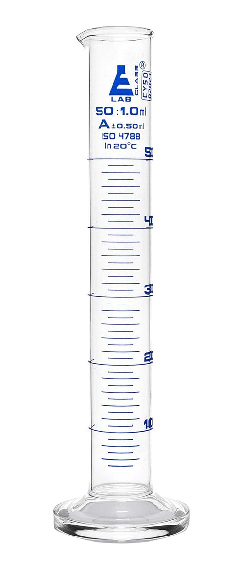 EISCO Graduated Cylinder, 50ml - Class A Tolerance ±0.50ml, Round Base, Blue Graduations, Borosilicate Glass