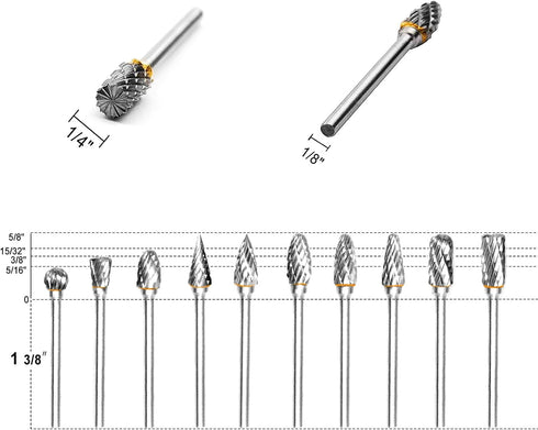 BIGOU Carbide Rotary Burr Set - 10PCS Double Cut Carving Burr Bits, Tungsten Carbide 1/8" Shank for DIY Metal Polishing