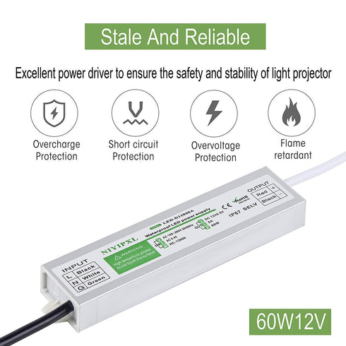 NIYIPXL 60 IP67 100V-260V 12V 12V LED Driver Watts Waterproof Power Supply Transformer Adapter AC to DC Low Voltage