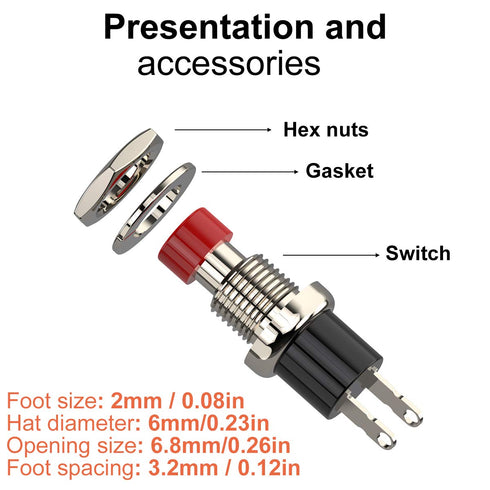 Mini Push Button Switch, 1A 250V AC SPST Momentary Switches with Wire, Normal Closed (NC) Red Cap - 10pcs