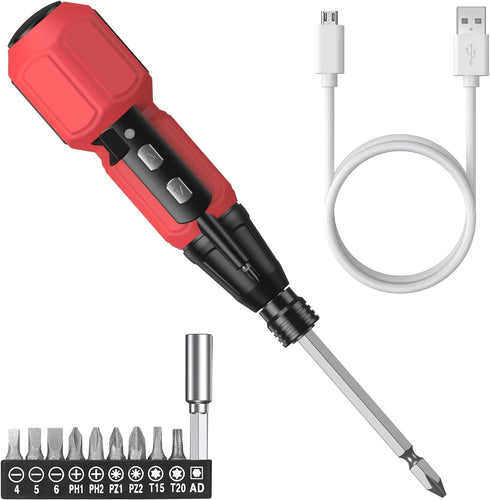 AMIR Cordless Screwdriver Set, Rechargeable Electric Tool Kit with USB Cable and LED Lights, Red