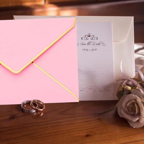 YOKIVE 200Pcs A7 Self Adhesive V Flap Mailing Envelopes with Gold Border for Cards and Postcards (Pink)